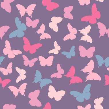 Vektör mor zemin üzerine rastgele mor, pembe, kremsi kelebekler ile seamless modeli. Vintage zarif çocuk bebek tasarım kaydırma, tekstil, kumaş, davetiye, tebrik, düğün kartları, Web siteleri için