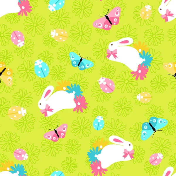 รูปแบบไร้เย็บด้วยกระต่ายฤดูใบไม้ผลิอีสเตอร์ในดอกไม้และผีเสื้อบนพื้นหลังสีเขียวในสไตล์การ์ตูน — ภาพเวกเตอร์สต็อก