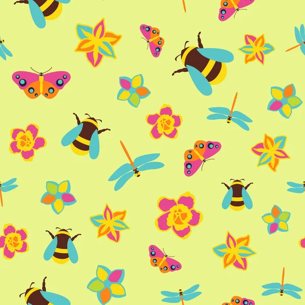 春と夏の植物ベクトルシームレスパターン。花と昆虫春の壁紙 — ストックベクタ