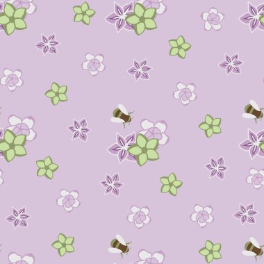 Mor dikişsiz desen vintage çiçek ve arı boyama