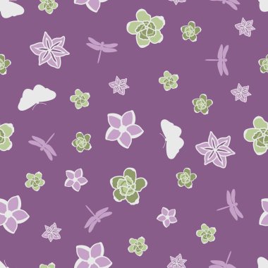 Çiçek deseni, mor çiçekler ve kelebek vektör illüstrasyon