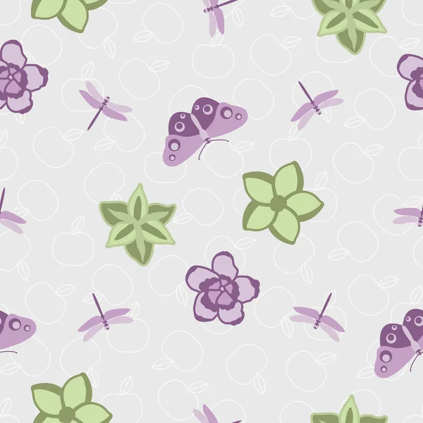 Vektorillustration von Blumenmustern, lila Blumen und Schmetterling — Stockvektor