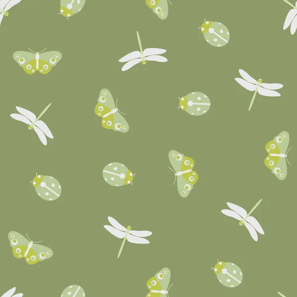 緑の背景にヴィンテージ昆虫シームレスなパターンを着色 — ストックベクタ