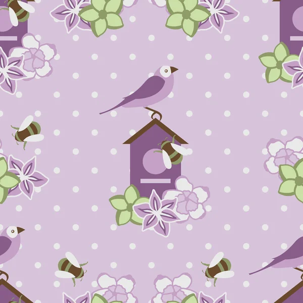 Zökkenőmentes mintázat lila virágok és madarak a pöttyös háttér Vektor Grafikák