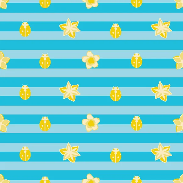 Vektor nahtlose Musterillustration der gelben Marienkäfer mit Blumen auf blauem Hintergrund — Stockvektor