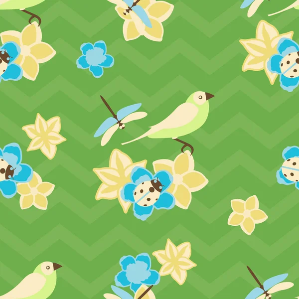 Vector seamless pattern illustration of birds with flowers on green background — Stock Vector