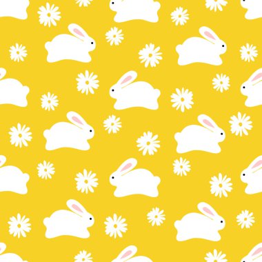 Florwers ile sarı arka plan üzerinde sevimli beyaz bunnies Dikişsiz desen