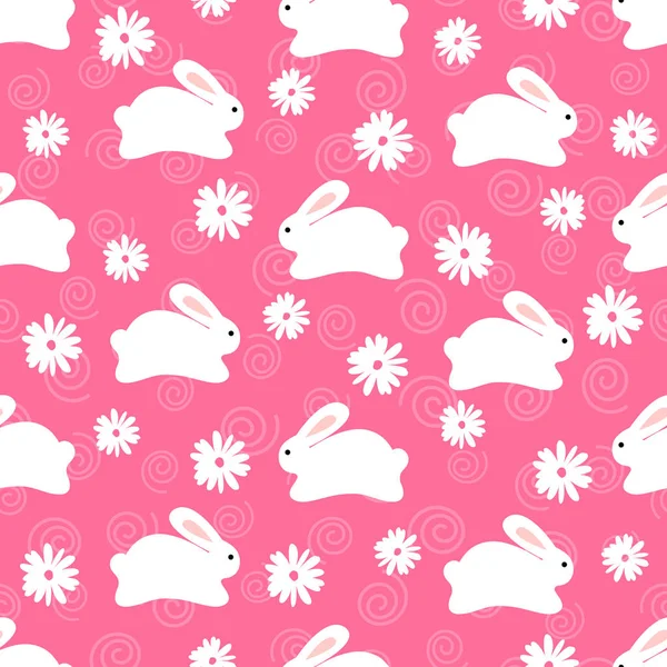 Varrat nélküli mintát az aranyos fehér nyuszik, rózsaszín háttér, virágos elemekkel Jogdíjmentes Stock Illusztrációk