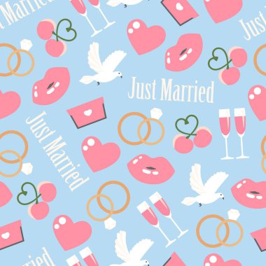 Düğün dikişsiz desen. Mavi arka plan üzerinde Valentines elemanları. Tebrik düğün kartı.