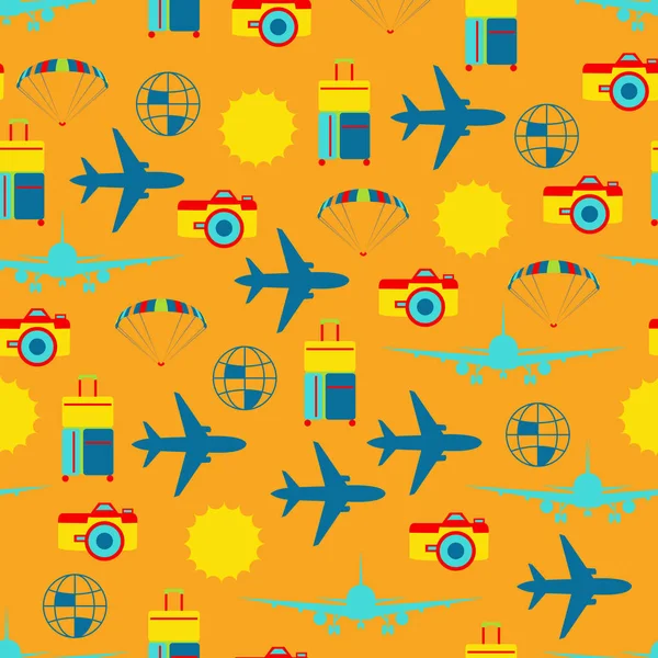 Vector airplane travel seamless pattern on orange background — Stock Vector