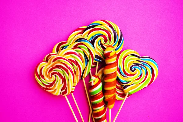 Multicolored Different Sweets Lollipops Pink Background Copy Space Top View — 스톡 사진