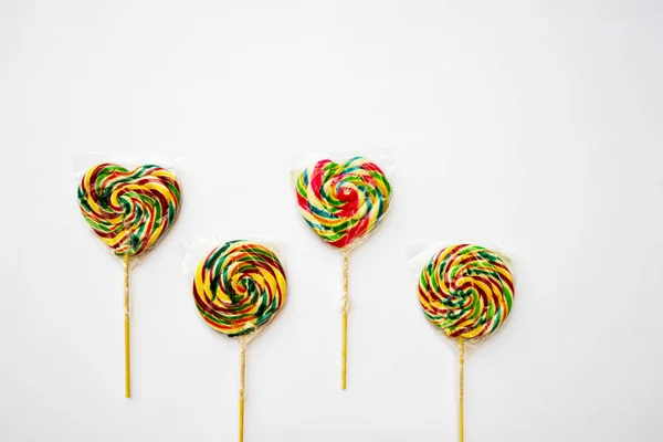 Multicolored Different Sweets Lollipops White Background Copy Space Top View — Stock Photo, Image