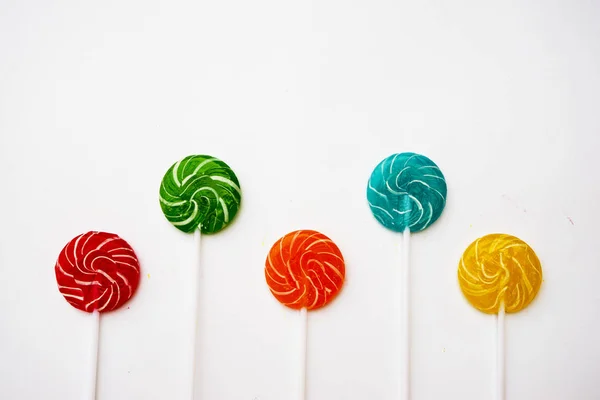 Multicolored Different Sweets Lollipops White Background Copy Space Top View — Stock Photo, Image