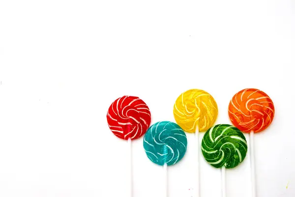 Multicolored Different Sweets Lollipops White Background Copy Space Top View — Stock Photo, Image