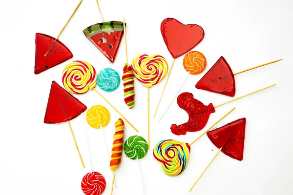 Different Candies Gummy Sticks Various Lollipops Isolated White Background Top — 스톡 사진