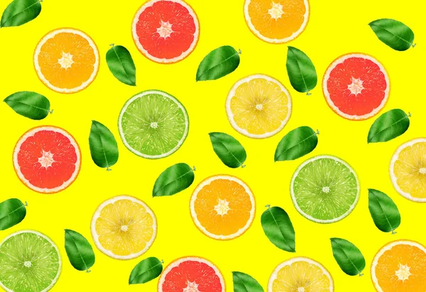 Top View Colorful Orange Yellow Green Fruit Yellow Pastel Background — 图库照片