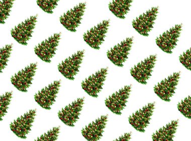 Christmas composition. Pattern made of coniferous tree branches on white background. Christmas, winter, new year concept. Flat lay, top view, square