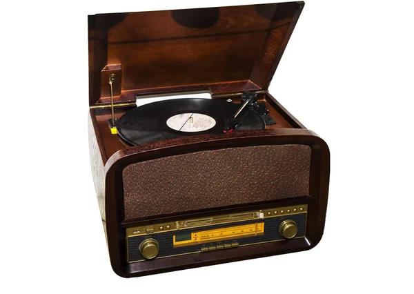 Παλιά, ρετρό ντεμοντέ παίκτης. Ανοίξτε radiogramophone. Απομονωμένα σε λευκό φόντο — Φωτογραφία Αρχείου