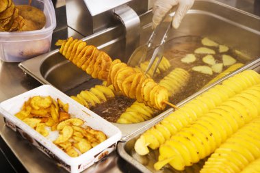 Ahşap çubuk üzerinde sarmal şeklinde patates kızartması. Altın rengi metal tepsi üzerinde piknik sırasında yalan kadar patates kızarmış. Patates chipsy kaşifi