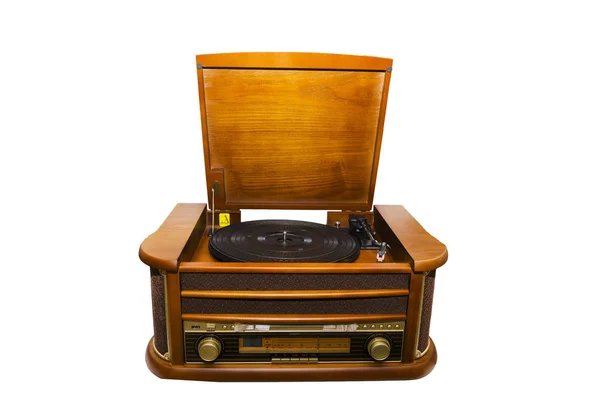 Eski Moda Bir Oyuncu Radiogramophone Açın Beyaz Arka Plan Üzerinde — Stok fotoğraf