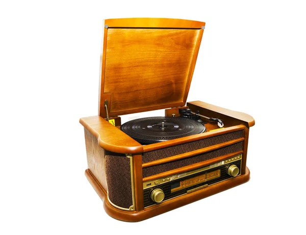 Old Fashioned Player Open Radiogramophone Isolated White Background — Stock Photo, Image