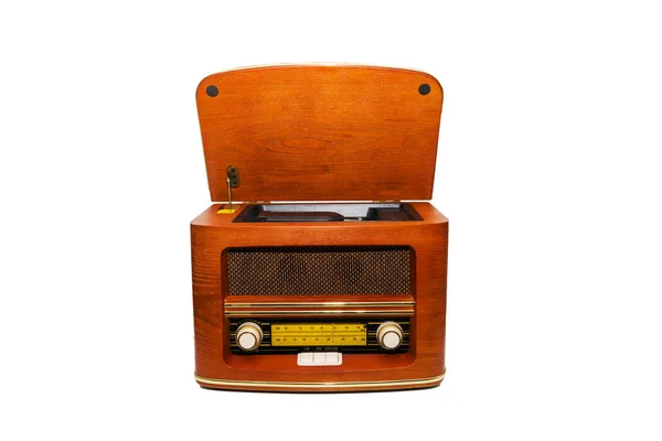 Ouderwetse Speler Open Radiogramophone Geïsoleerd Witte Achtergrond — Stockfoto