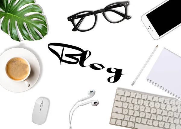Blogging Ideas Conceptos Blog Con Mesa Trabajo Blanca — Foto de Stock