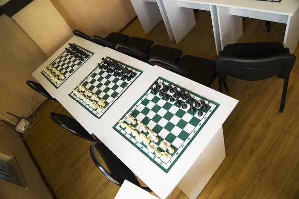 Chess Boards Black White Pieces Table — 스톡 사진