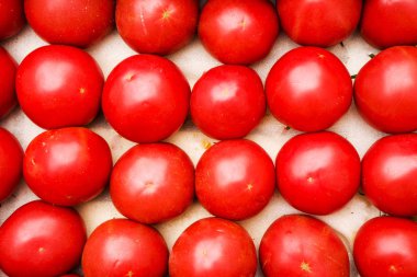 Taze olgun kırmızı domates pazarında kutularındaki vardır.