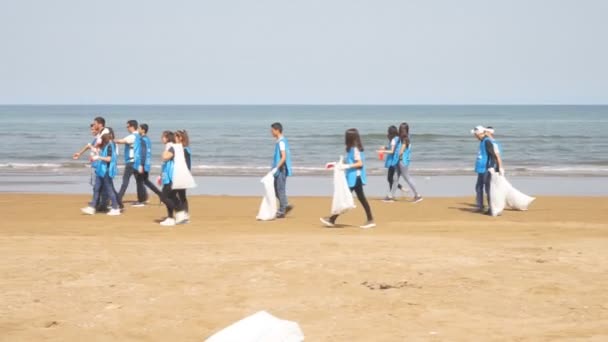 Baku Azerbaijan September 2018 一群年轻学生互相帮助清理海滩 安全生态概念 — 图库视频影像