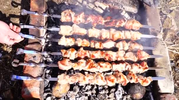 炭の上に串に豚バーベキュー グリル調理プロセスの終わりに 残りの間に肉のグリル部分を揚げます ケバブ肉背景 — ストック動画