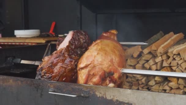 Appetizing Grilled Pork Spit Roasted Leg Pork Traditional Barbecue Prepared — Stock Video