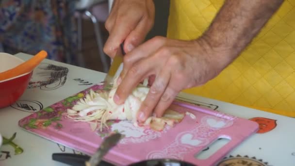 Chef che taglia una cipolla con un coltello , — Video Stock