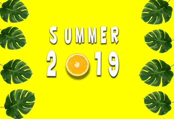 Conceptos de verano 2019 con texto y fruta naranja amarilla sobre fondo amarillo.idea de vacaciones imagen . —  Fotos de Stock