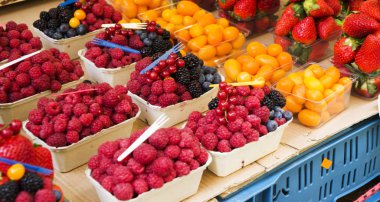 Kırmızı frenk üzümü, böğürtlen, ahududu, çilek ve yaban mersini gibi aynı boyutta şeffaf dikdörtgen plastik kaplarda satılmaya hazır kağıt palete konmuş taze meyveler.