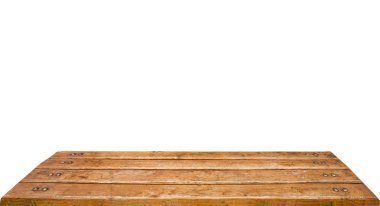 boş eski kahverengi ahşap masa beyaz arkaplan üzerinde izole, ürünlerinizi görüntülemek veya montaj için kullanılır