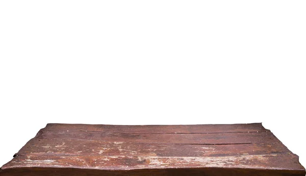 Leeg oud bruin houten tafelblad geïsoleerd op witte ondergrond, gebruikt voor het tonen of monteren van uw producten — Stockfoto