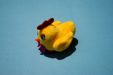 Tiz Tavuk gıcırdak oyuncak . mavi arka plan üzerinde izole oyuncak kauçuk çığlık sarı tavuk.