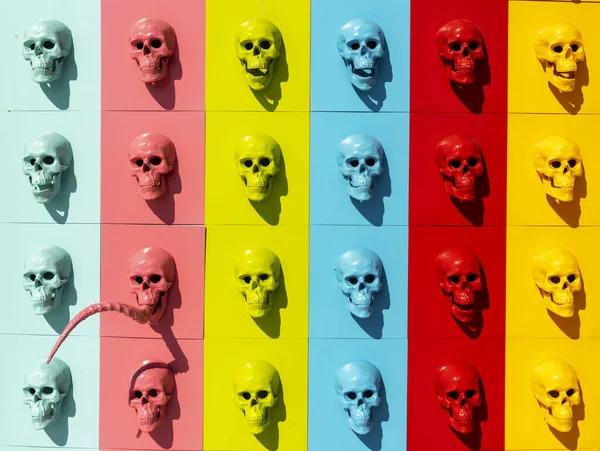 Une collection de crânes multicolores disposés en ligne. Concept Halloween . — Photo