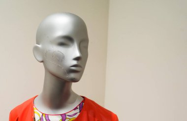 Bir vitrindeki plastik bir mankenin yakın çekimi.