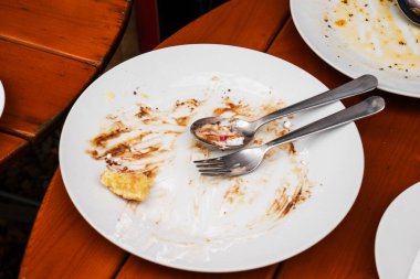 Masada yemek artıklarıyla birlikte beyaz tabak ve çatal.