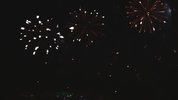 Fogos de artifício reais em fundo preto profundo céu em fogos de artifício festival show antes do dia da independência — Vídeo de Stock