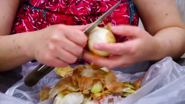 Hände putzen Zwiebeln, rohe frische Zwiebeln putzen, Kochen in der Küche. — Stockvideo