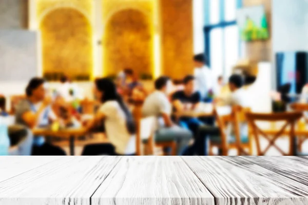 Empty White Wood Table Top Bar Blur Light Bokeh Cafe — Stock Photo, Image