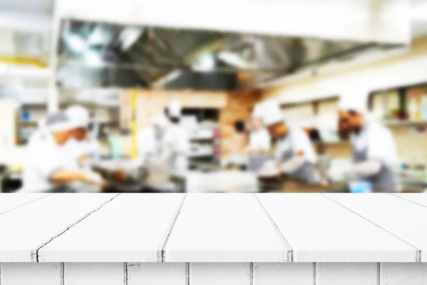 Empty White Wood Table Top Bar Blur Light Bokeh Kitchen — Stock Photo, Image