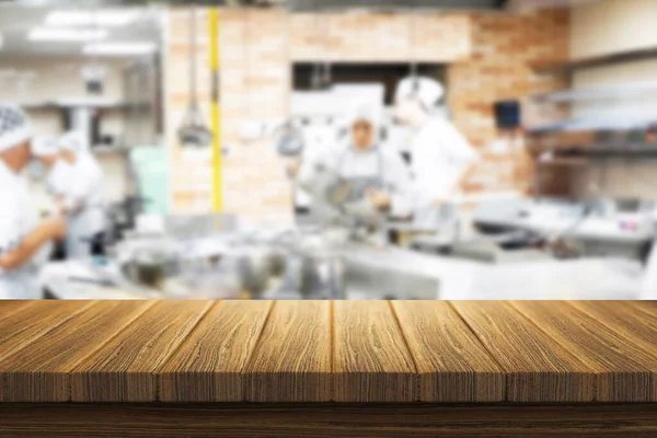 Empty Brown Wood Table Top Bar Blur Light Bokeh Kitchen — Stock Photo, Image