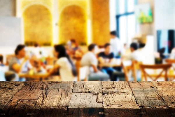 Empty Brown Wood Table Top Bar Blur Light Bokeh Cafe — Stock Photo, Image