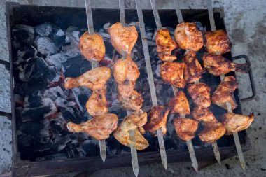 Şiş Kebap seti ya da Kömür Arkaplanında Bitki ve Baharatla Barbekü Şiş Koleksiyonu. Tavuklu tavuk eti, somon balığı, sığır eti ve kuzu eti karışımı..