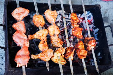 Şiş Kebap seti ya da Kömür Arkaplanında Bitki ve Baharatla Barbekü Şiş Koleksiyonu. Tavuklu tavuk eti, somon balığı, sığır eti ve kuzu eti karışımı..