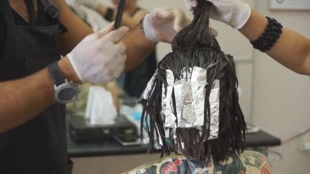 El Peluquero Masculino, el estilista tiñe el cabello de las muchachas en la peluquería . — Vídeos de Stock